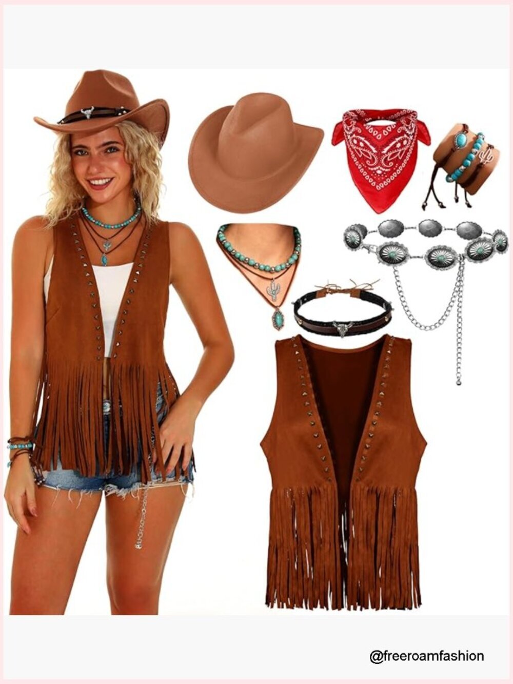 Western Cowgirl Costume Set Fringe Vest Hat Scarf Bracelets Necklace 7Pcs